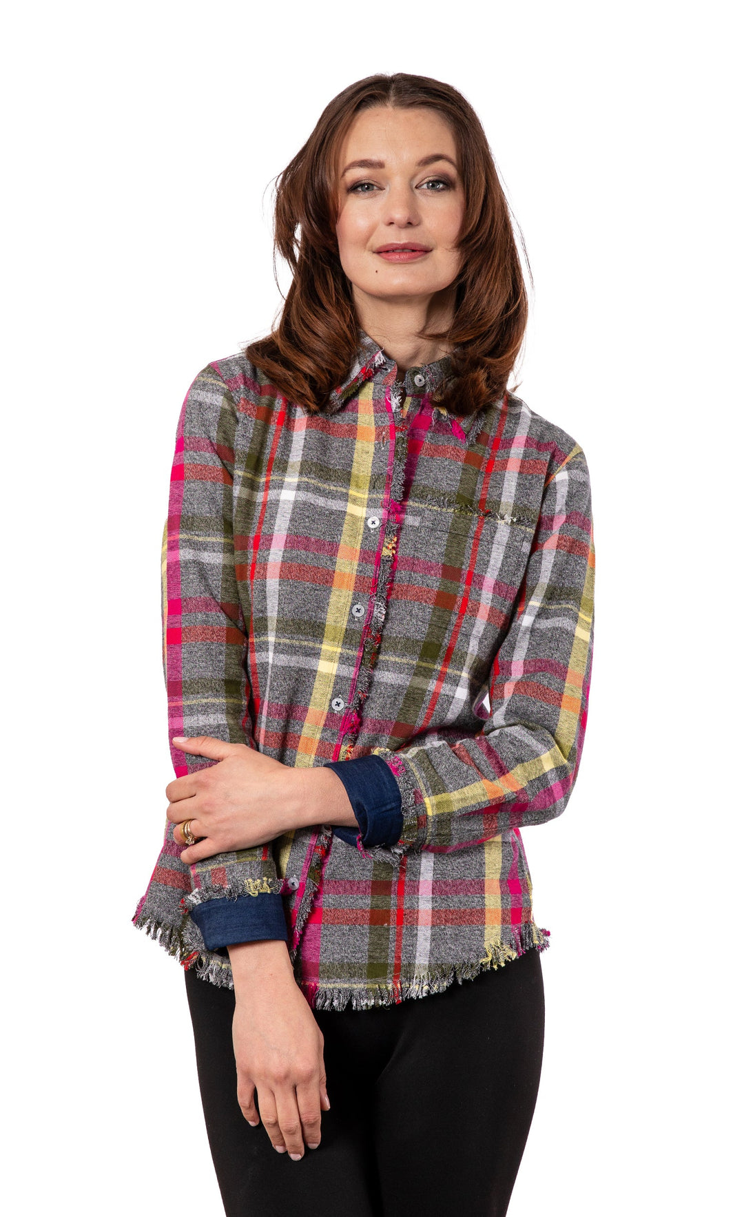 Dizzy-Lizzie Cape Cod Shirt - Grey Pink Flannel available at Barbara Katz