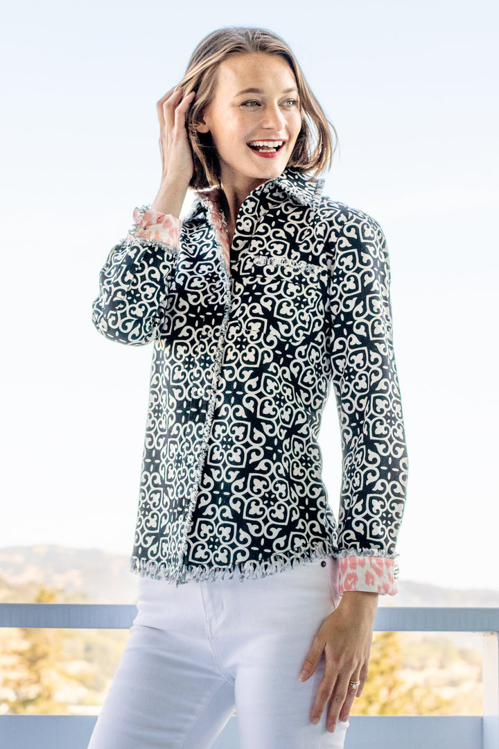 Dizzy-Lizzie Cape Cod Shirt - Black & White Geometric Print available at Barbara Katz