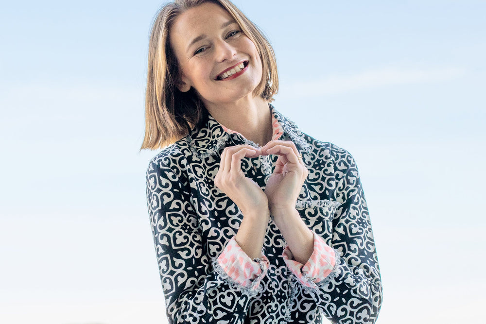 Dizzy-Lizzie Cape Cod Shirt - Black & White Geometric Print available at Barbara Katz