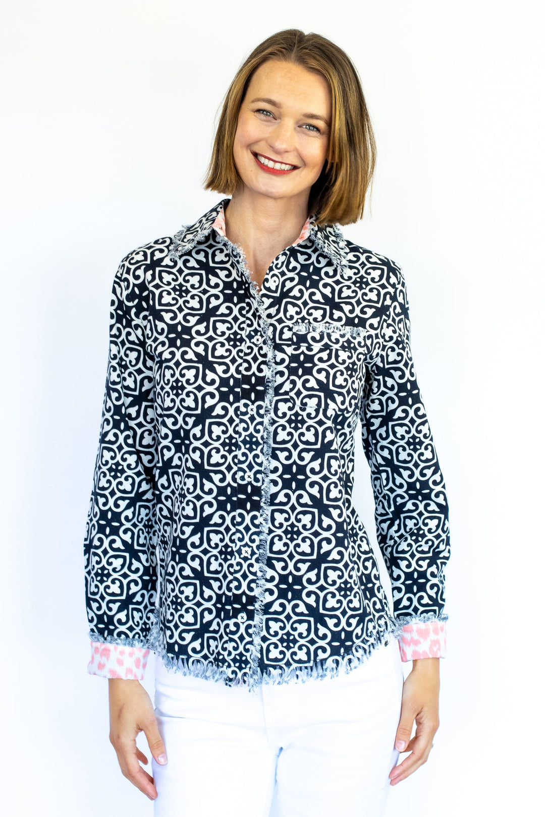 Dizzy-Lizzie Cape Cod Shirt - Black & White Geometric Print available at Barbara Katz