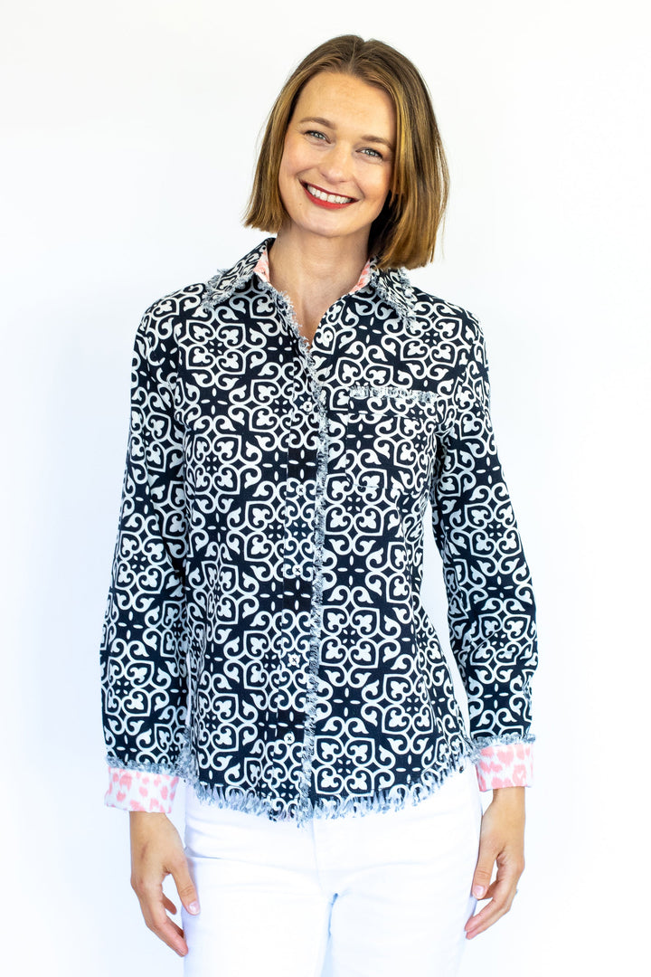 Dizzy-Lizzie Cape Cod Shirt - Black & White Geometric Print available at Barbara Katz