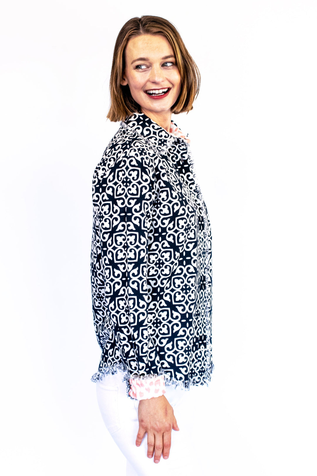 Dizzy-Lizzie Cape Cod Shirt - Black & White Geometric Print available at Barbara Katz