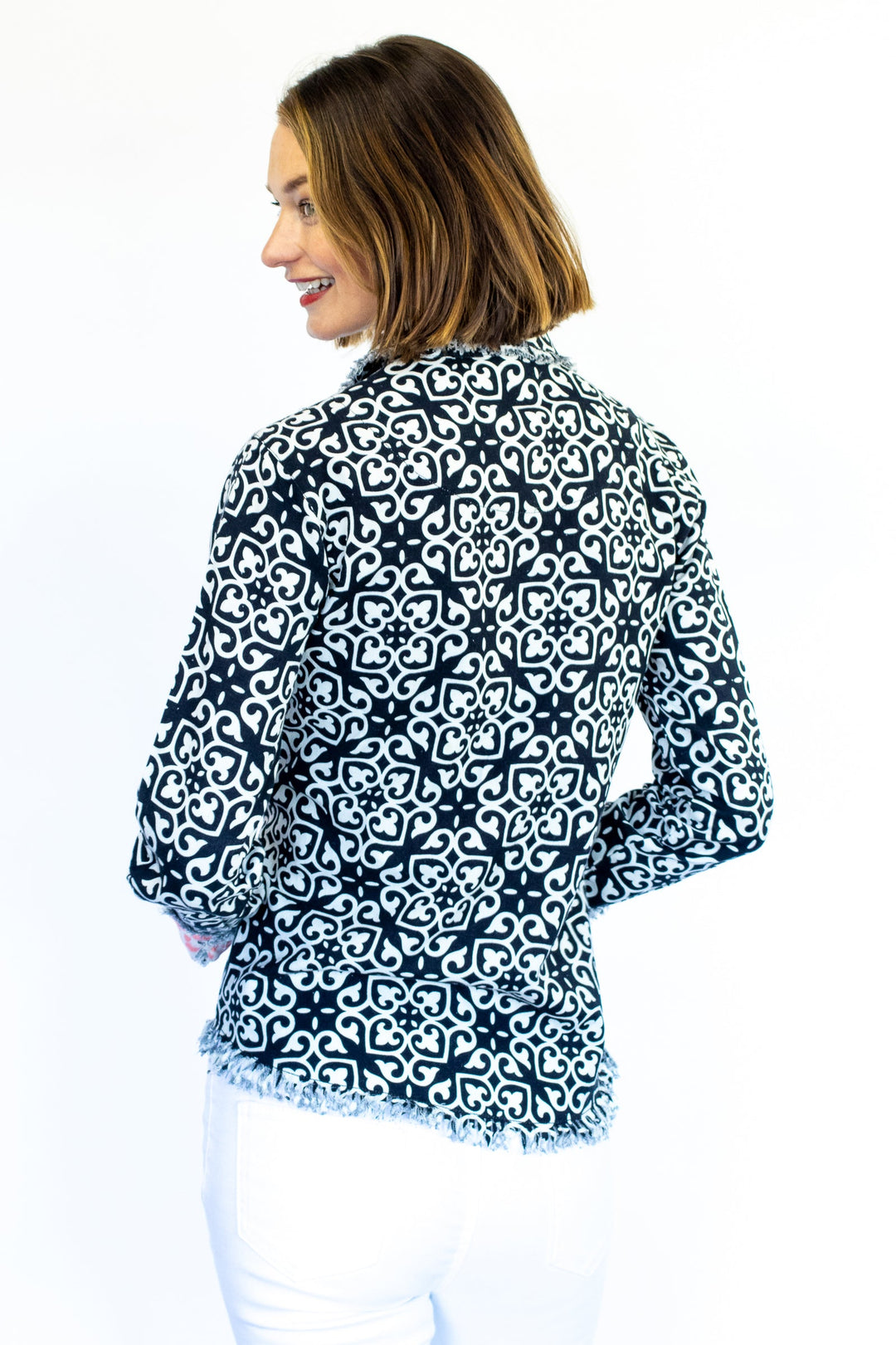 Dizzy-Lizzie Cape Cod Shirt - Black & White Geometric Print available at Barbara Katz