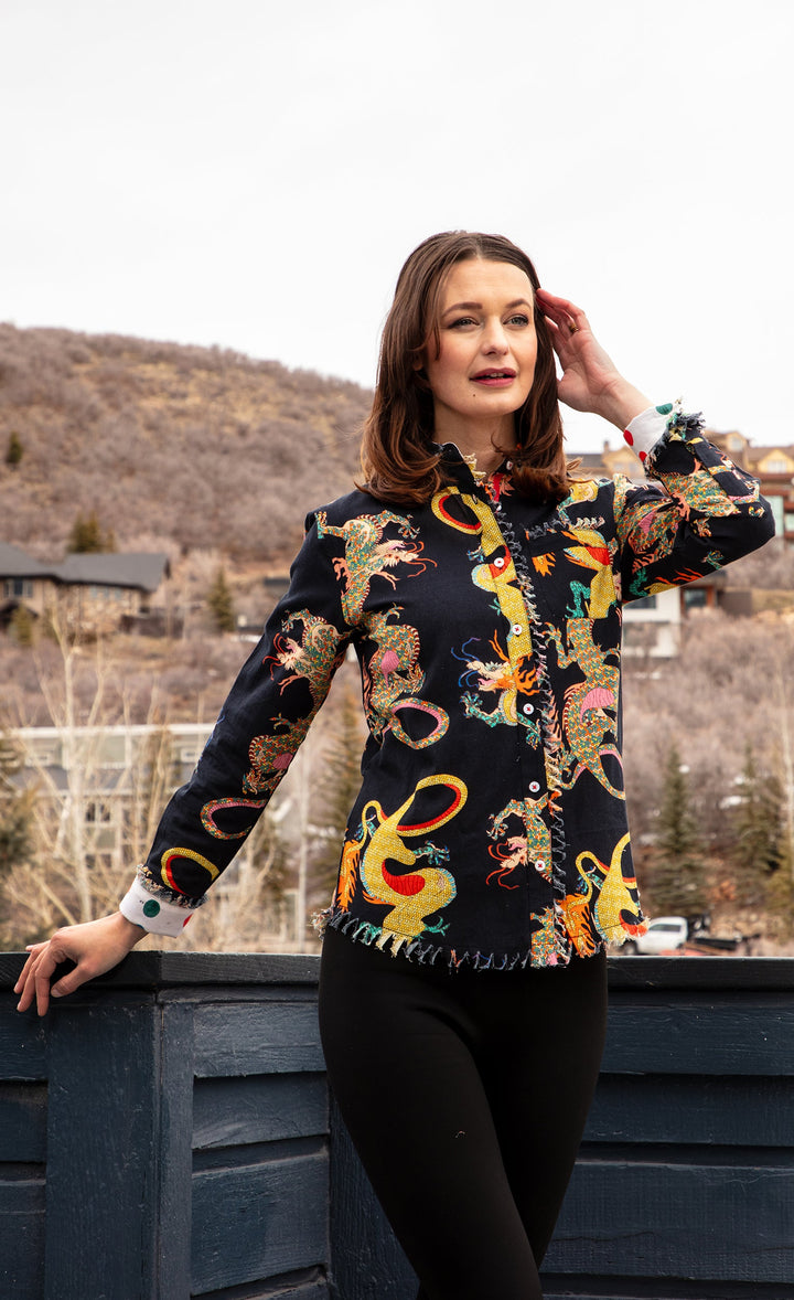 Dizzy-Lizzie Cape Cod Frayed Shirt - Black Dragon available at Barbara Katz