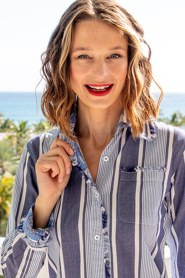 Dizzy-Lizzie Cape Cod Frayed Shirt - Blue Stripes available at Barbara Katz