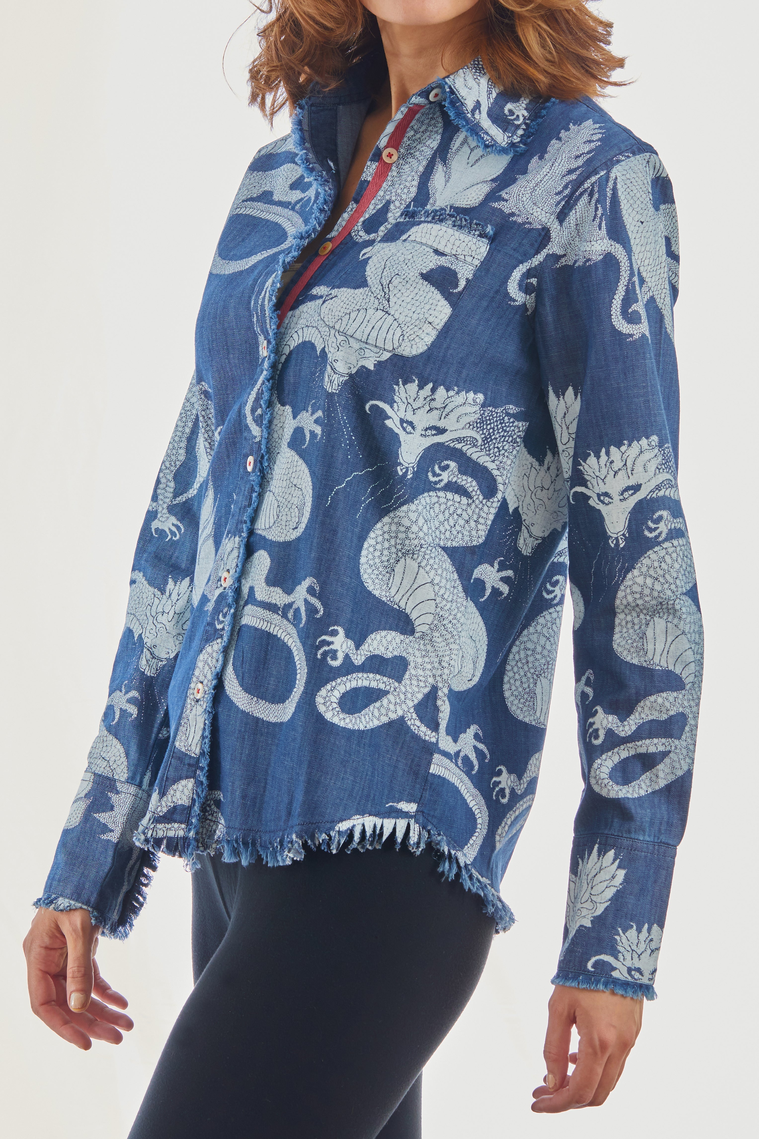 Dizzy-Lizzie Cape Cod Frayed Shirt - Denim with Gorgeous Print