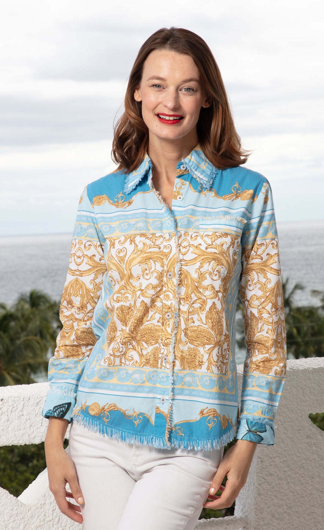 Dizzy-Lizzie Cape Cod Frayed Shirt - Blue/Gold Scroll Print available at Barbara Katz