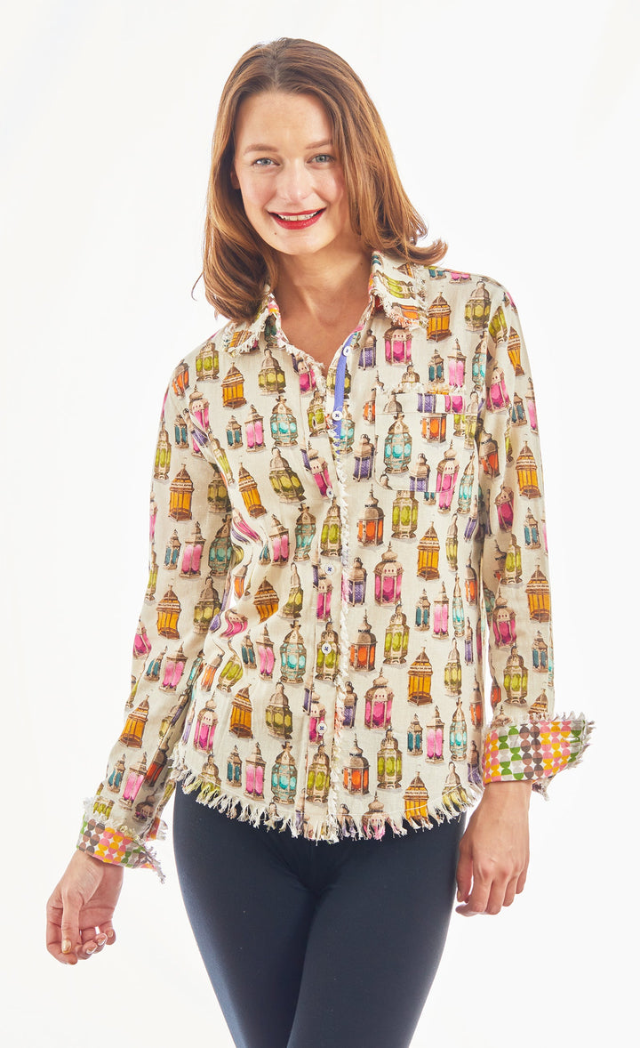 Dizzy-Lizzie Cape Cod Frayed Shirt - Moroccan Lantern Print available at Barbara Katz