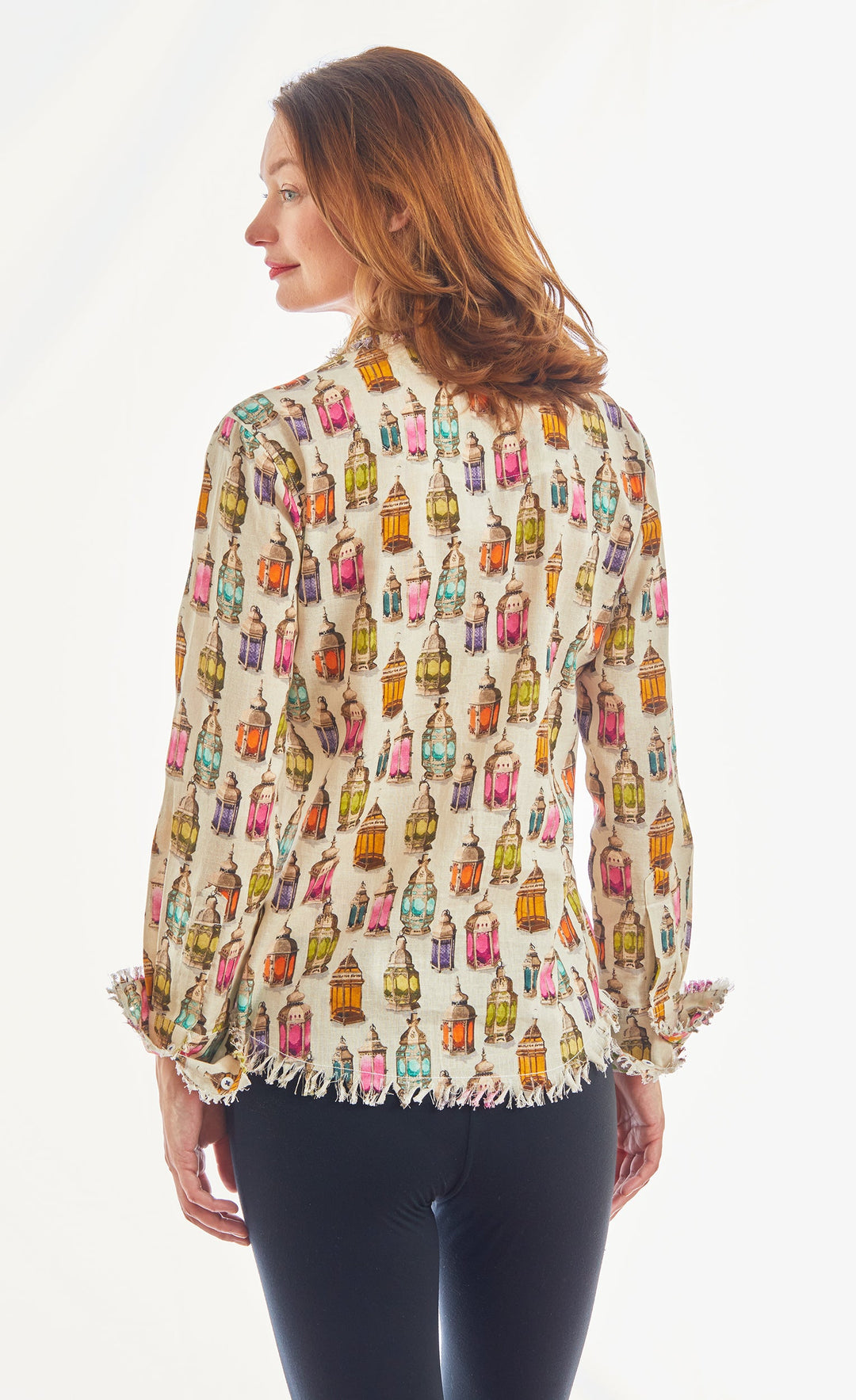 Dizzy-Lizzie Cape Cod Frayed Shirt - Moroccan Lantern Print available at Barbara Katz