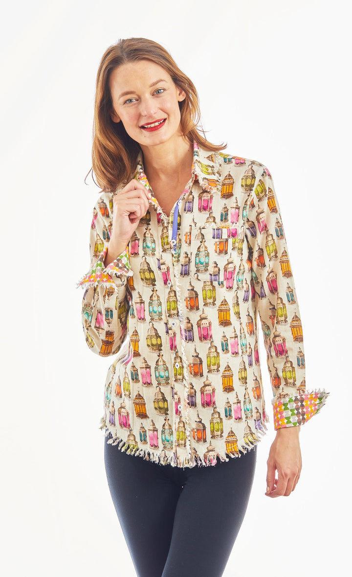 Dizzy-Lizzie Cape Cod Frayed Shirt - Moroccan Lantern Print available at Barbara Katz