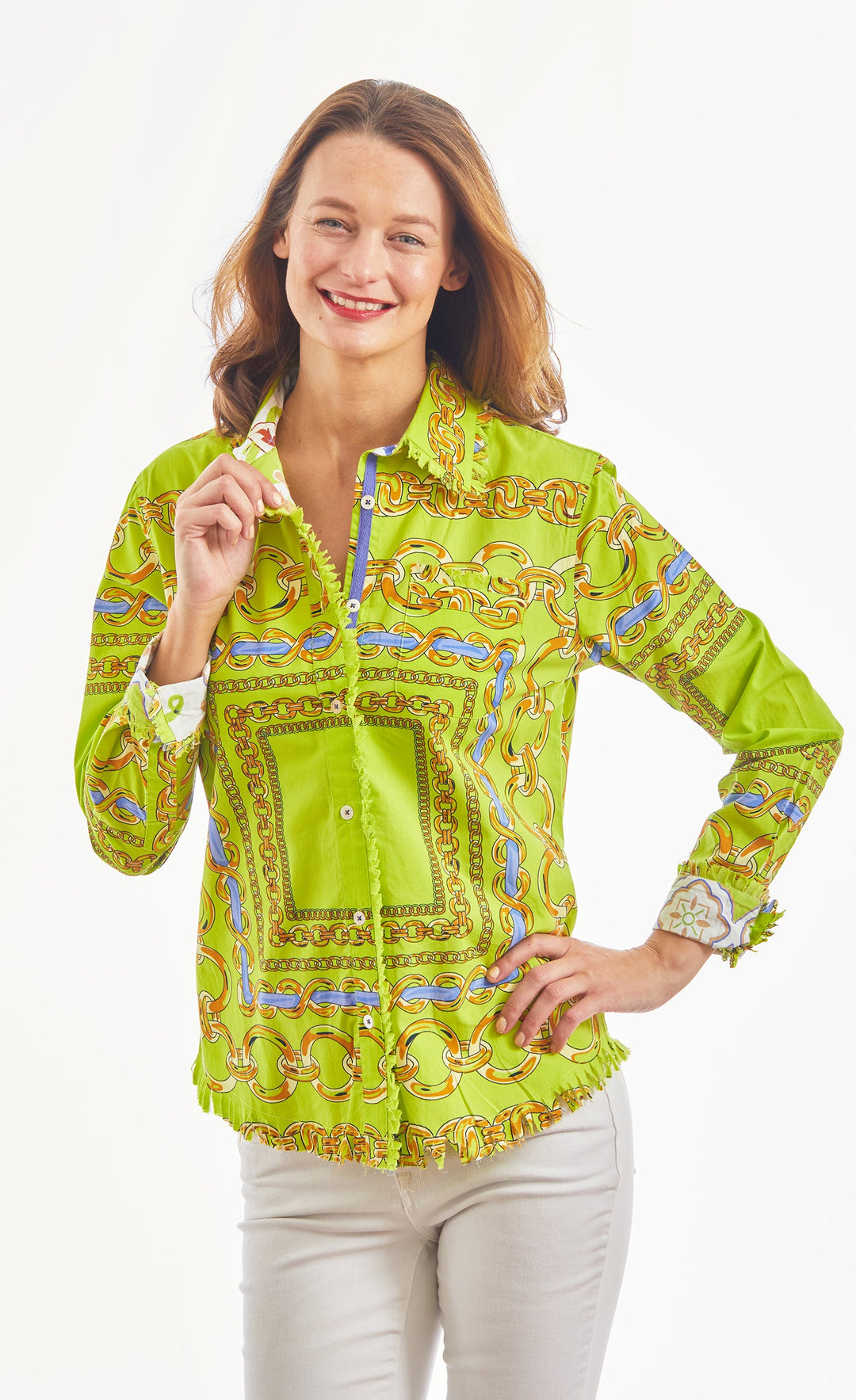 Dizzy-Lizzie Cape Cod Frayed Shirt - Green/Navy Links available at Barbara Katz