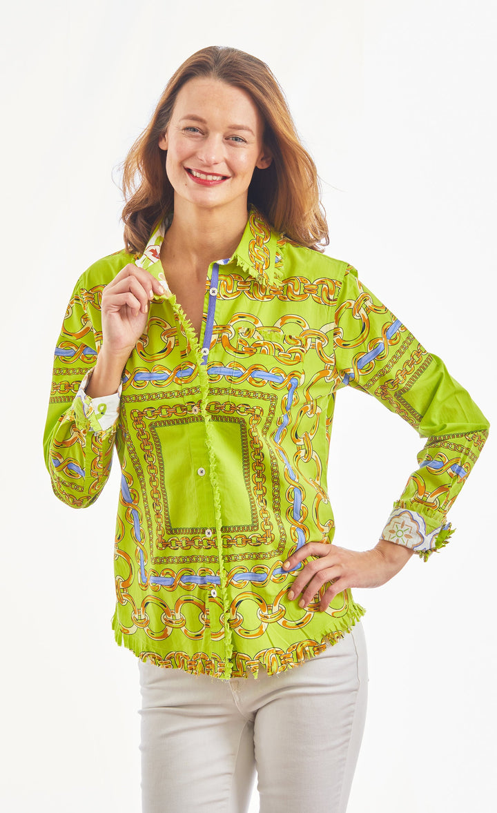 Dizzy-Lizzie Cape Cod Frayed Shirt - Green/Navy Links available at Barbara Katz