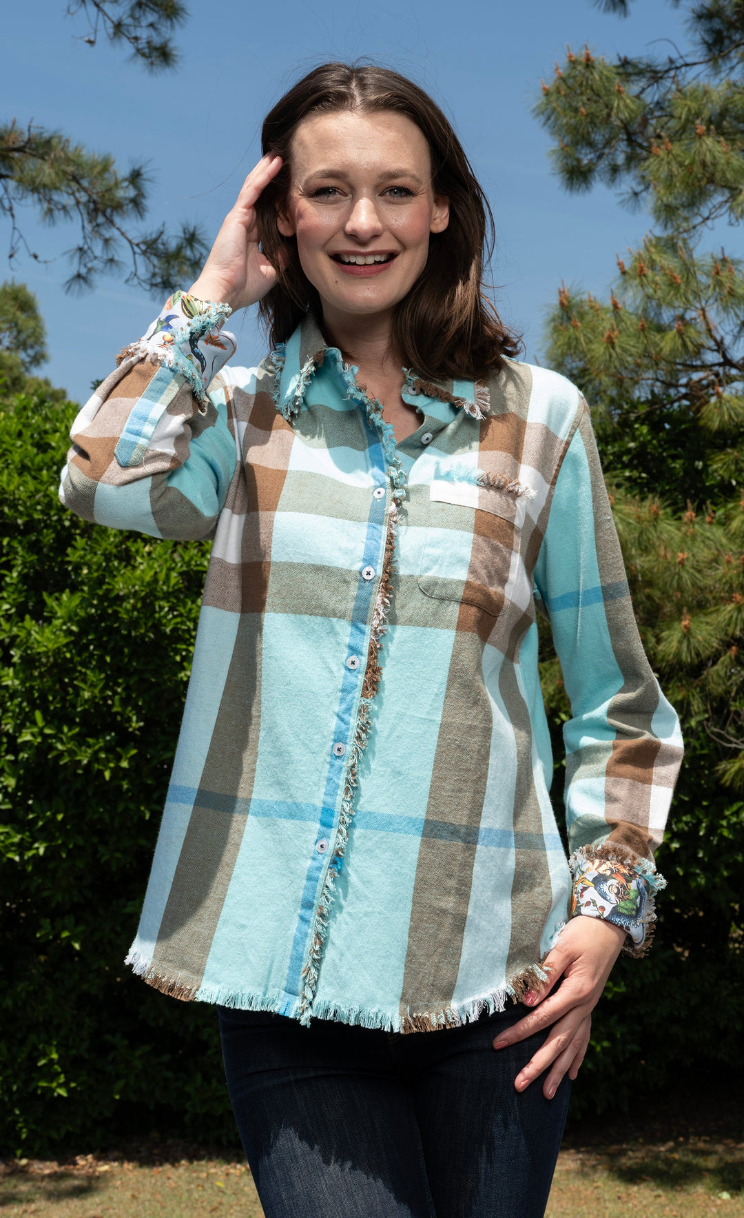 Dizzy-Lizzie Cape Cod Tunic - Turquoise Chocolate Plaid available at Barbara Katz