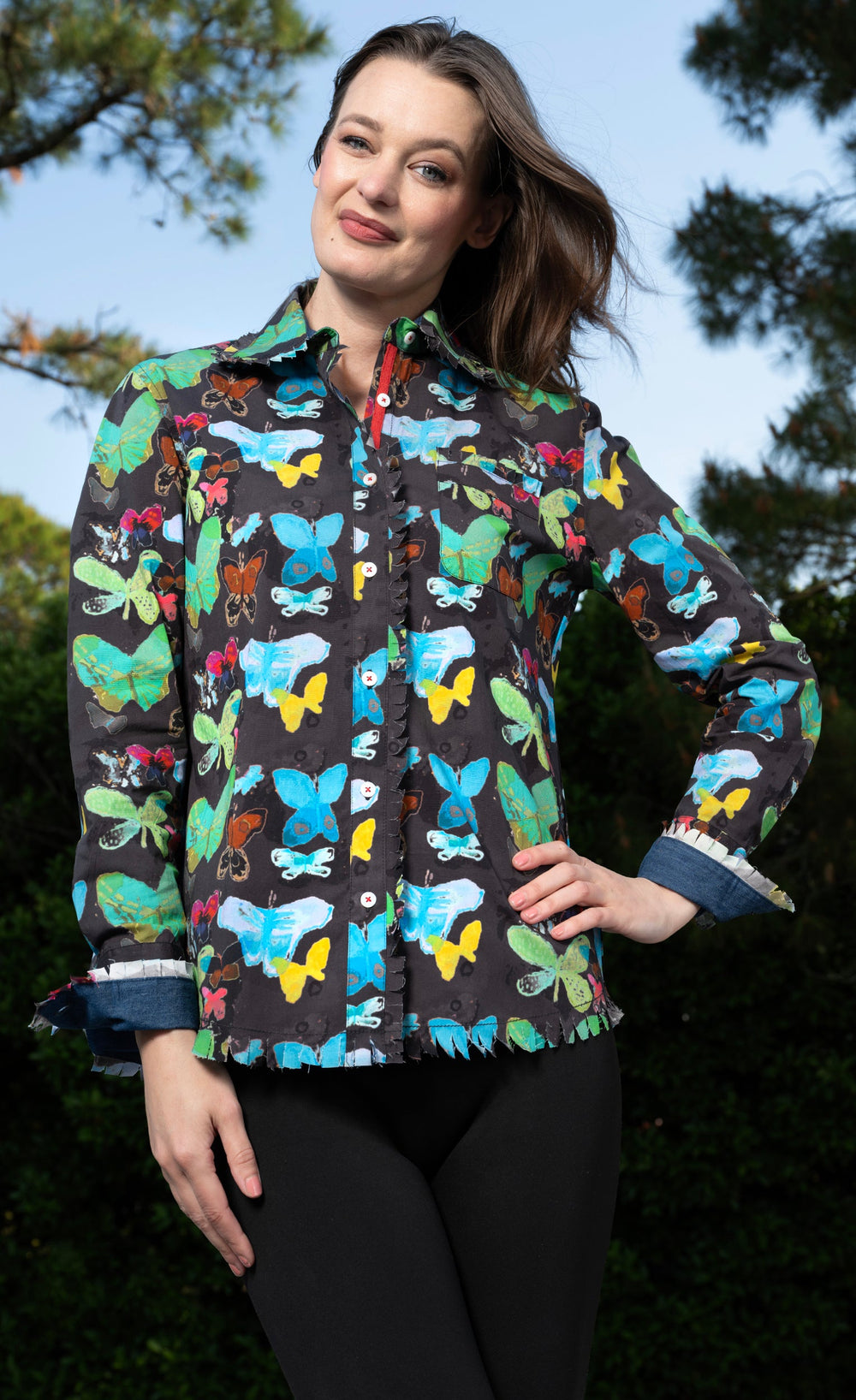 Dizzy-Lizzie Cape Cod Top - Black Ground Butterfly Print available at Barbara Katz