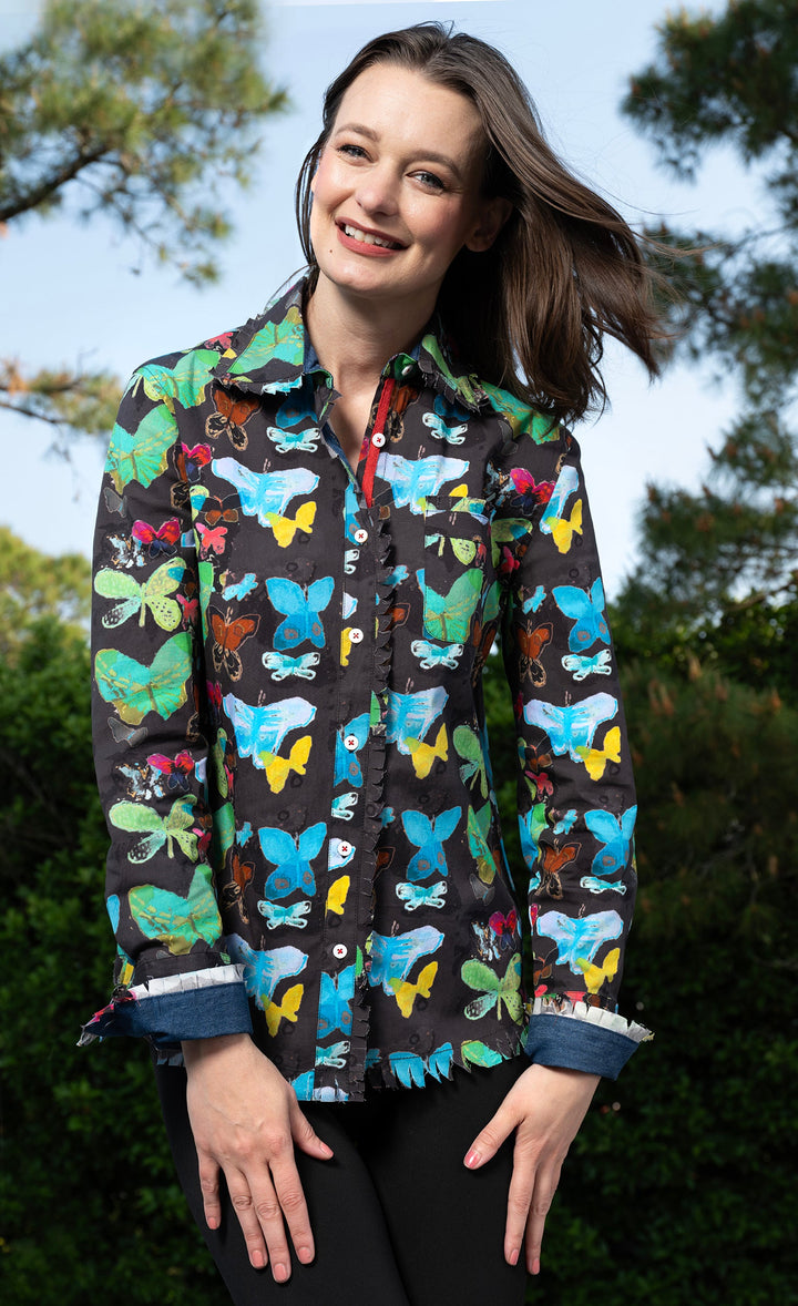 Dizzy-Lizzie Cape Cod Top - Black Ground Butterfly Print available at Barbara Katz