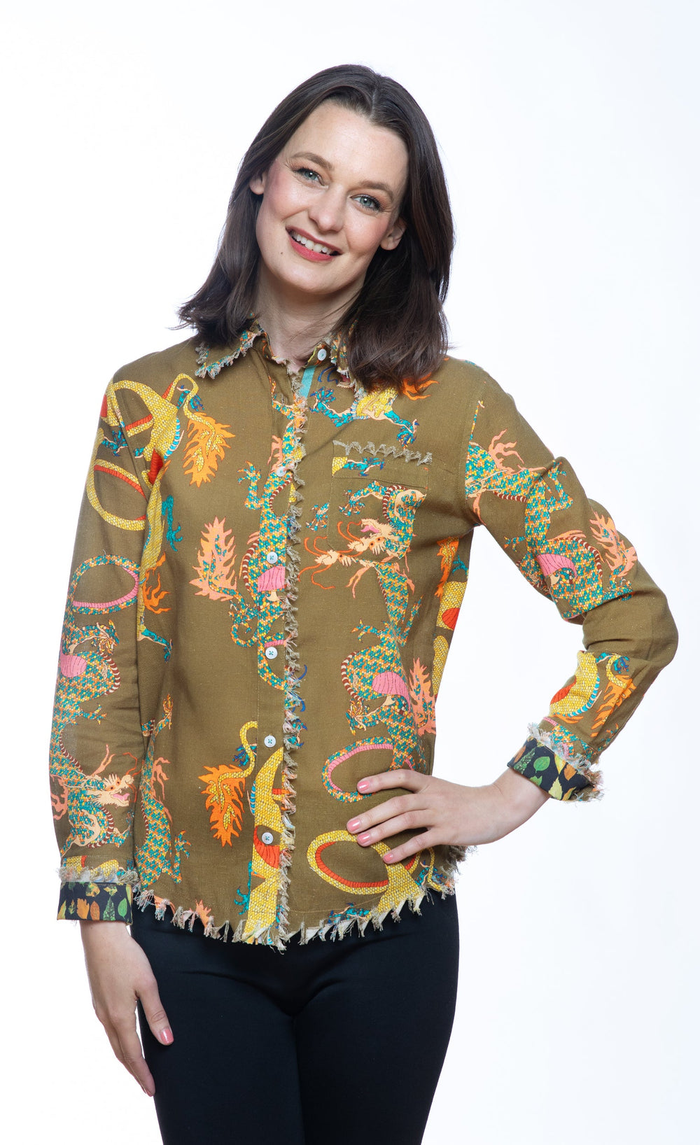 Dizzy-Lizzie Cape Cod Top in Olive Dragon Print available at Barbara Katz