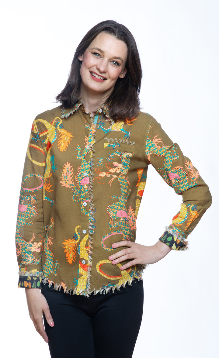 Dizzy-Lizzie Cape Cod Top in Olive Dragon Print available at Barbara Katz