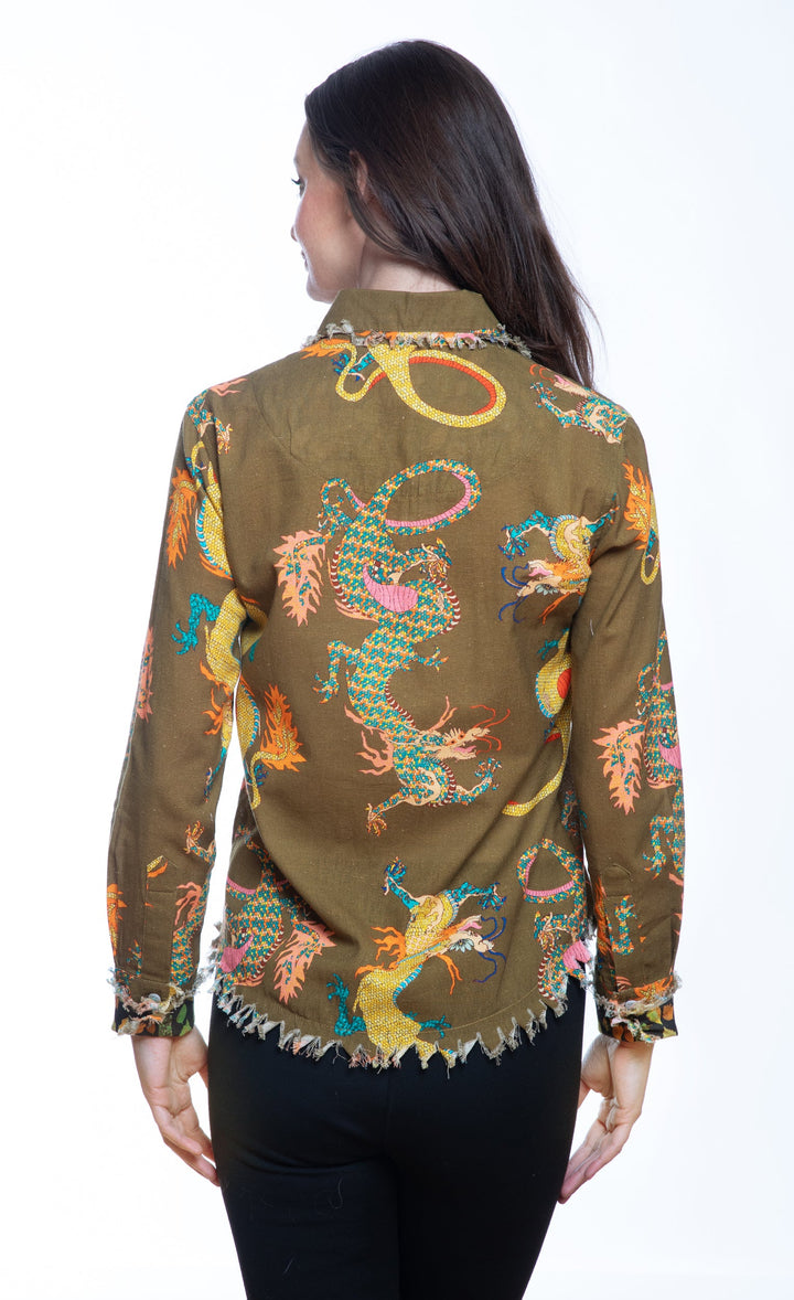 Dizzy-Lizzie Cape Cod Top in Olive Dragon Print available at Barbara Katz
