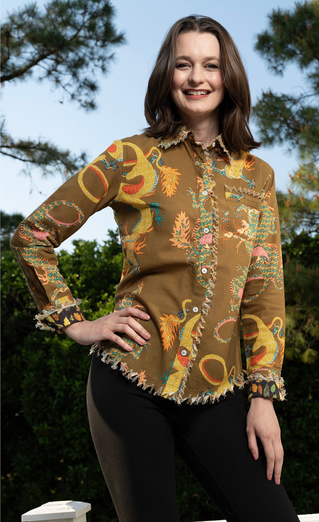 Dizzy-Lizzie Cape Cod Top in Olive Dragon Print available at Barbara Katz