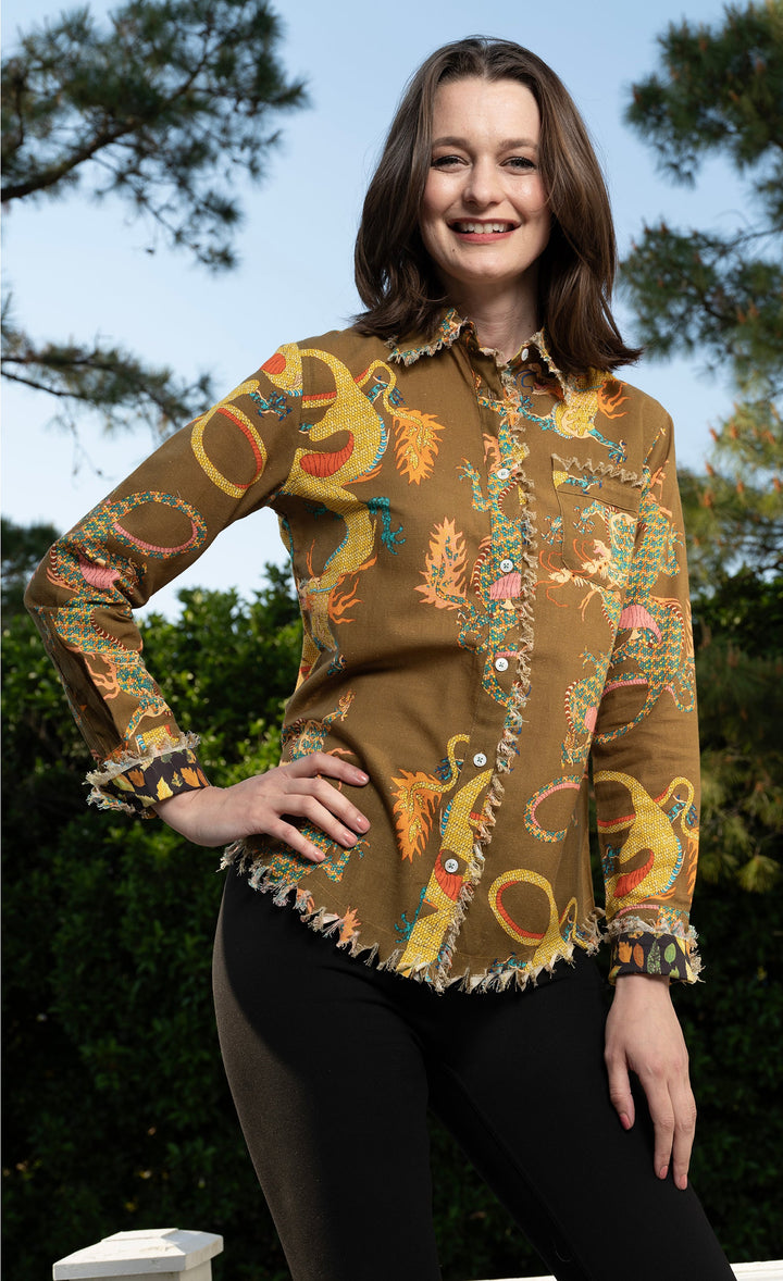 Dizzy-Lizzie Cape Cod Top in Olive Dragon Print available at Barbara Katz