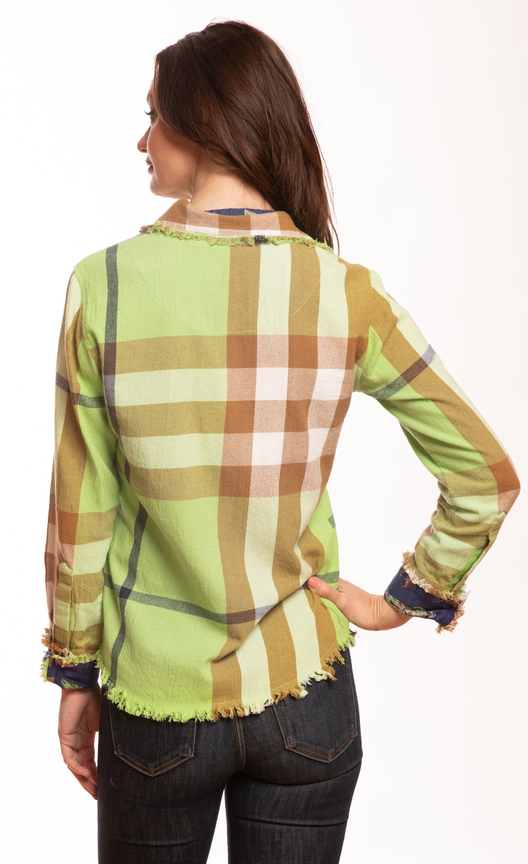 Dizzy-Lizzie Cape Cod Top - Green Khaki Yarndyed Plaid available at Barbara Katz