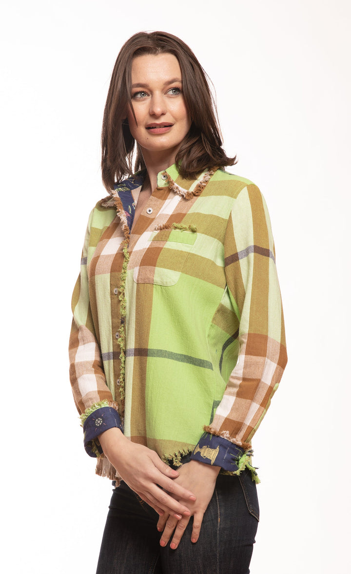 Dizzy-Lizzie Cape Cod Top - Green Khaki Yarndyed Plaid available at Barbara Katz