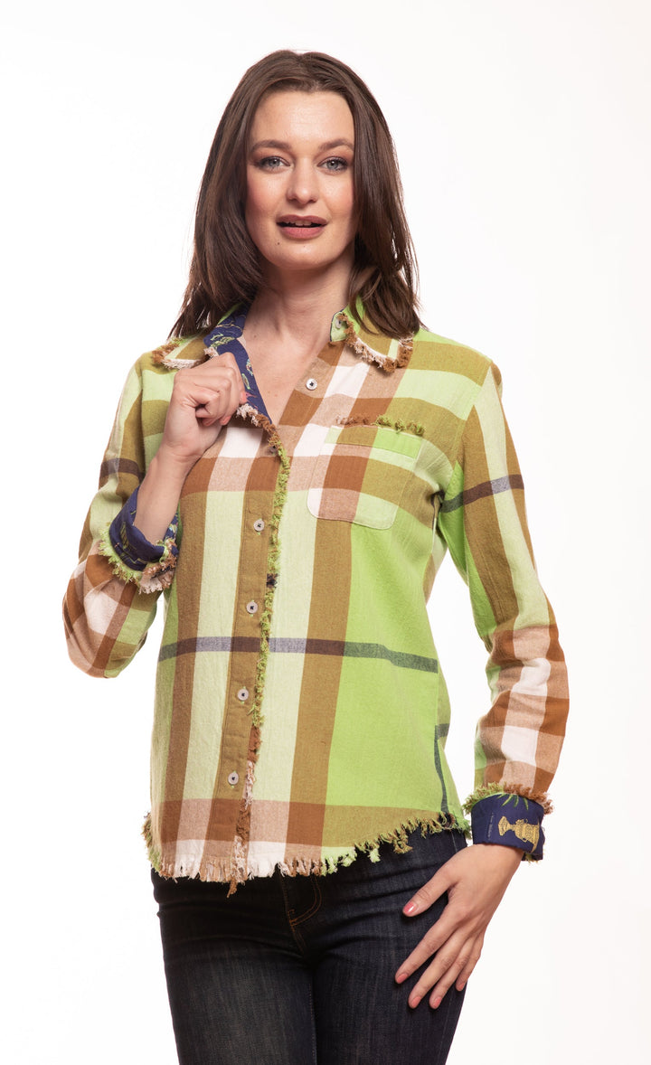 Dizzy-Lizzie Cape Cod Top - Green Khaki Yarndyed Plaid available at Barbara Katz