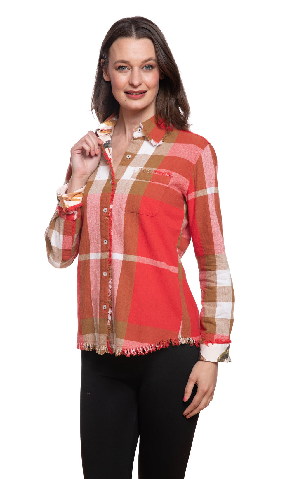 Dizzy-Lizzie Cape Cod Top in Chocolate Red Yarn-Dyed Plaid available at Barbara Katz