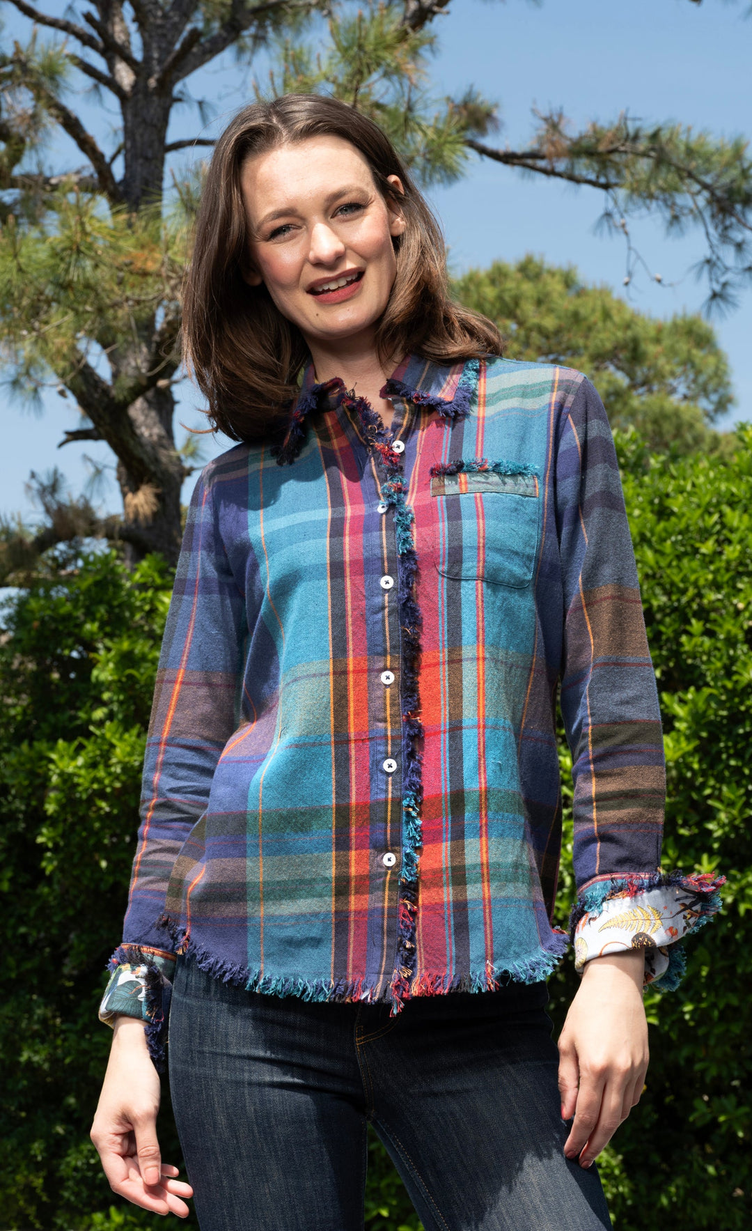 Dizzy-Lizzie Cape Cod Top in Blue and Violet Yarn-Dyed Plaid available at Barbara Katz