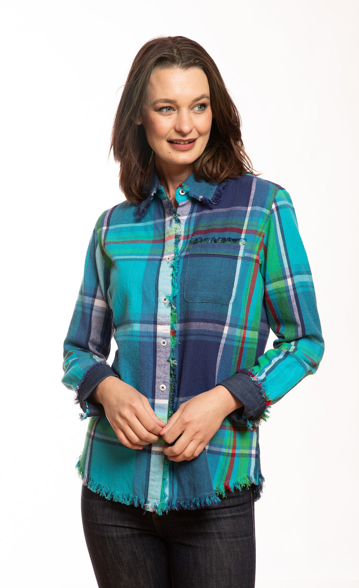 Dizzy-Lizzie Cape Cod Top - Blues Yarndyed Plaid available at Barbara Katz