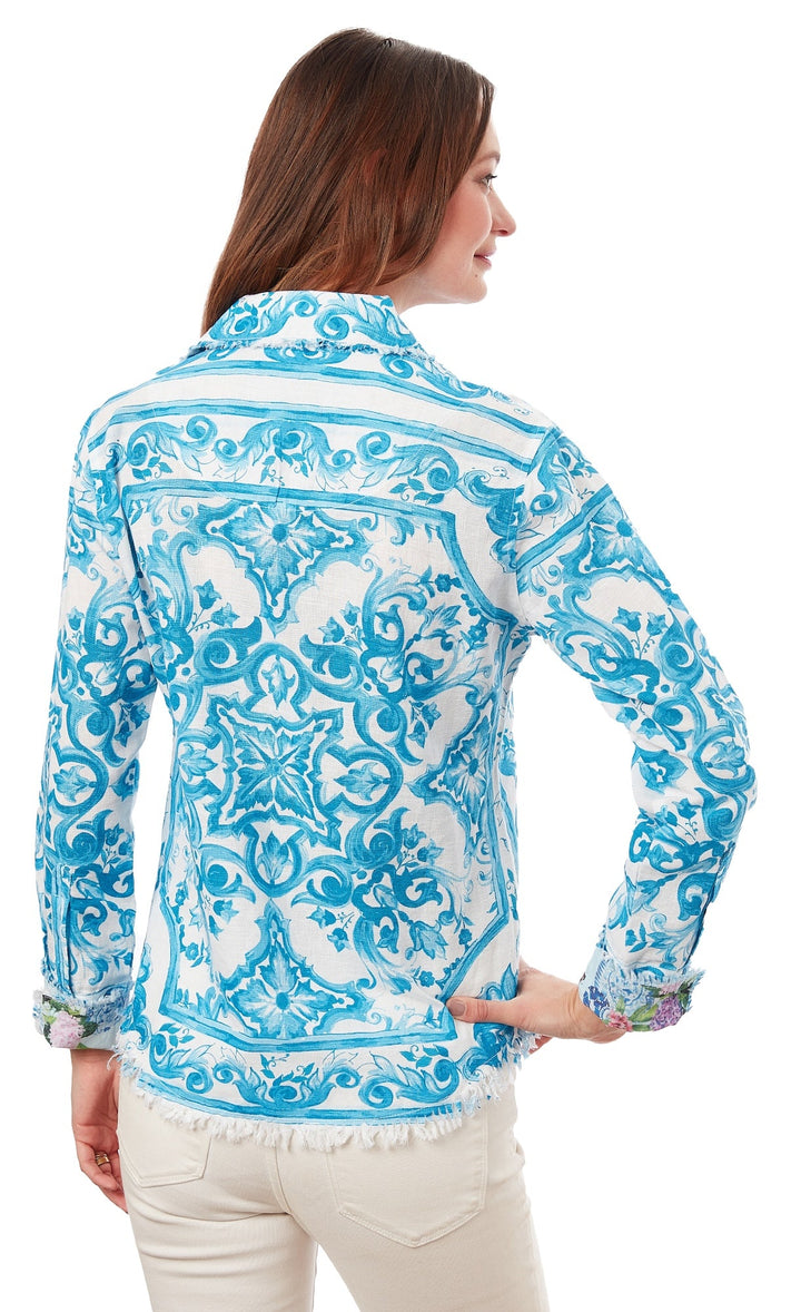 Dizzy-Lizzie Cape Cod Frayed Shirt - Turquoise Tile Print available at Barbara Katz
