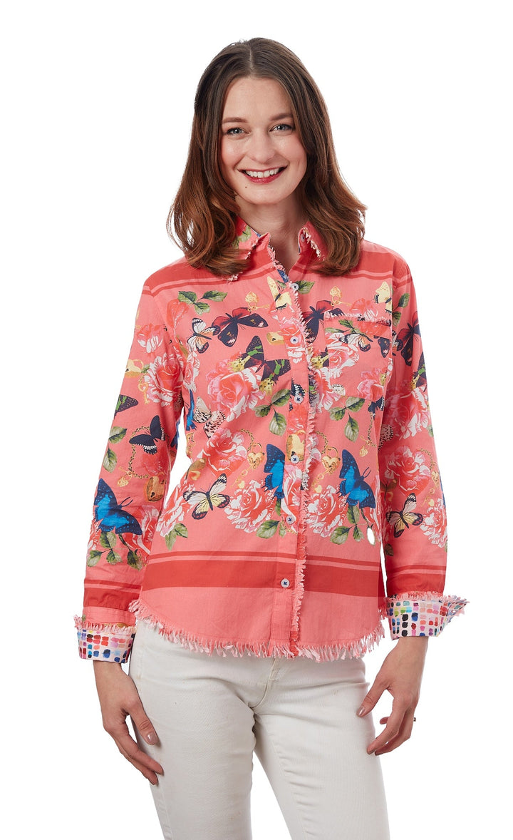Dizzy-Lizzie Cape Cod Frayed Shirt - Pink Org Butterfly Print available at Barbara Katz