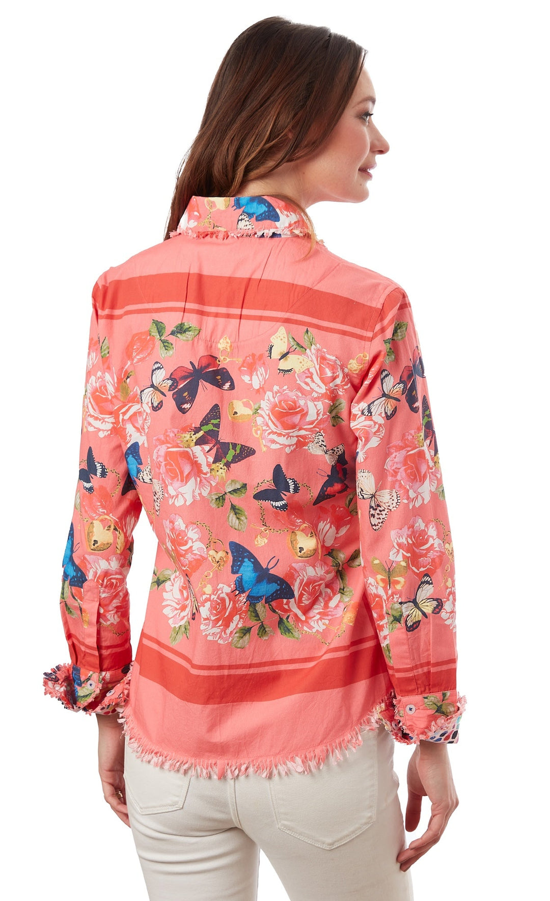 Dizzy-Lizzie Cape Cod Frayed Shirt - Pink Org Butterfly Print available at Barbara Katz