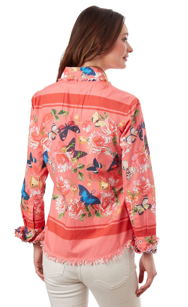 Dizzy-Lizzie Cape Cod Frayed Shirt - Pink Org Butterfly Print available at Barbara Katz