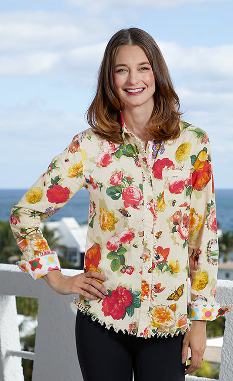 Dizzy-Lizzie Cape Cod Frayed Shirt - Botanical Print available at Barbara Katz