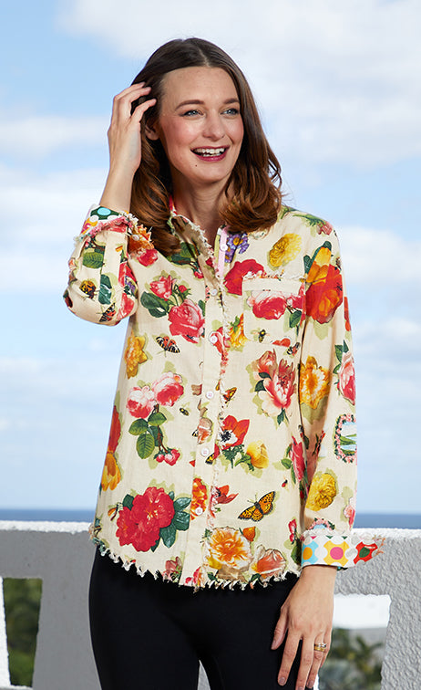Dizzy-Lizzie Cape Cod Frayed Shirt - Botanical Print available at Barbara Katz