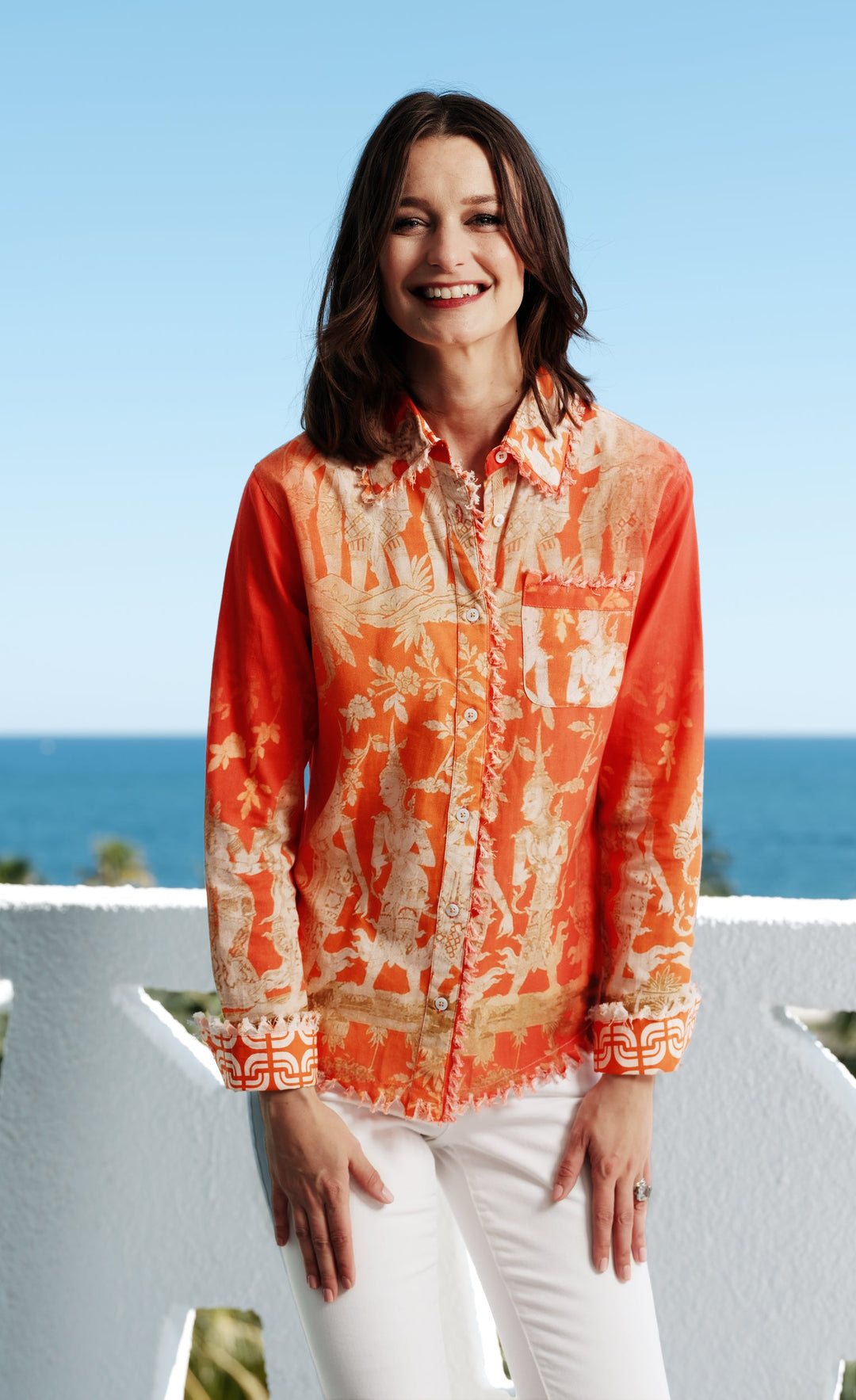 Dizzy-Lizzie Cape Cod Shirt - Orange Gold Thai Dancers Print available at Barbara Katz