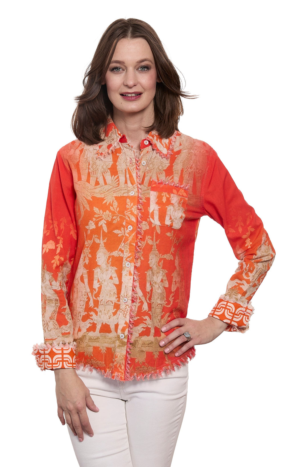 Dizzy-Lizzie Cape Cod Shirt - Orange Gold Thai Dancers Print available at Barbara Katz