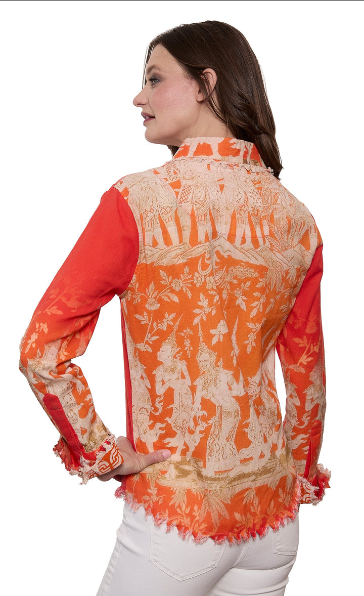 Dizzy-Lizzie Cape Cod Shirt - Orange Gold Thai Dancers Print available at Barbara Katz