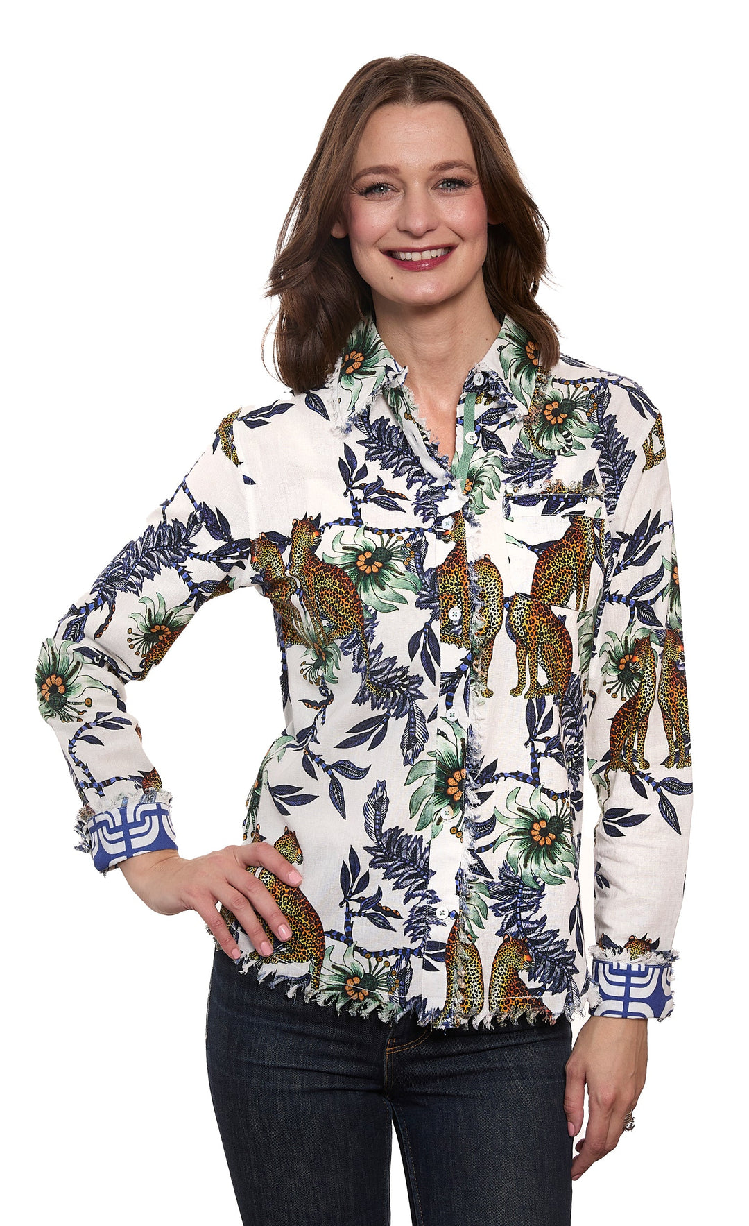 Dizzy-Lizzie Cape Cod Shirt in Cheetahs & Floral On Ivory Ground available at Barbara Katz