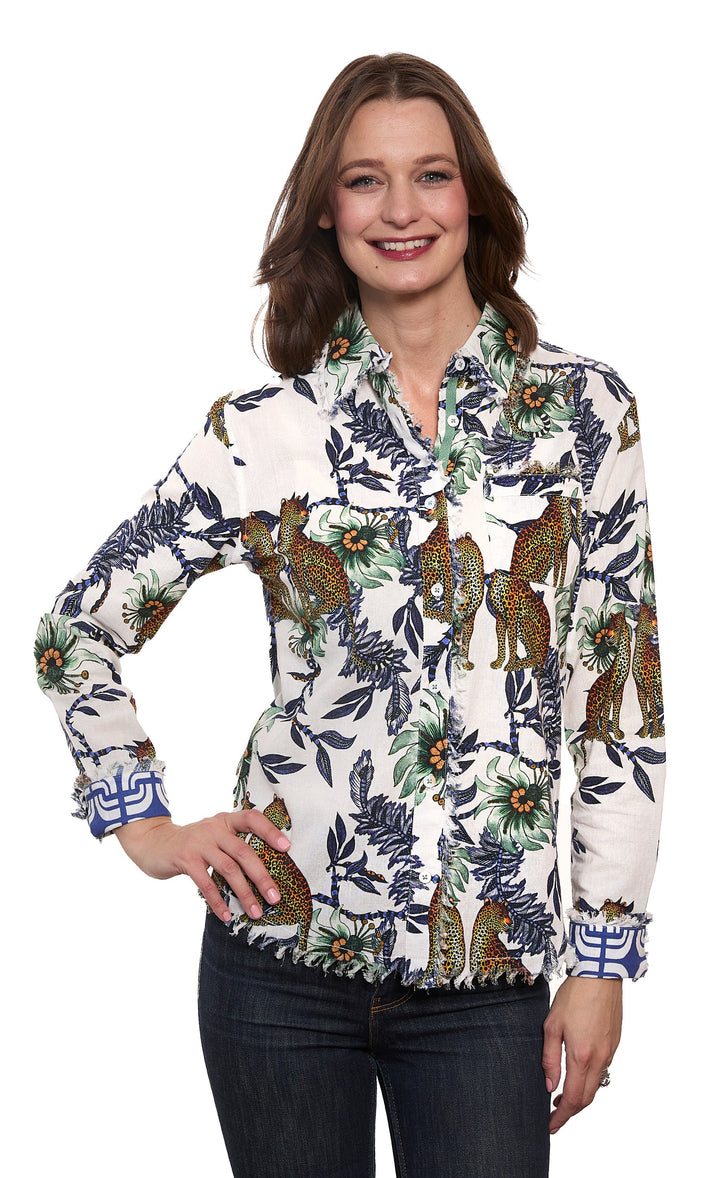 Dizzy-Lizzie Cape Cod Shirt in Cheetahs & Floral On Ivory Ground available at Barbara Katz