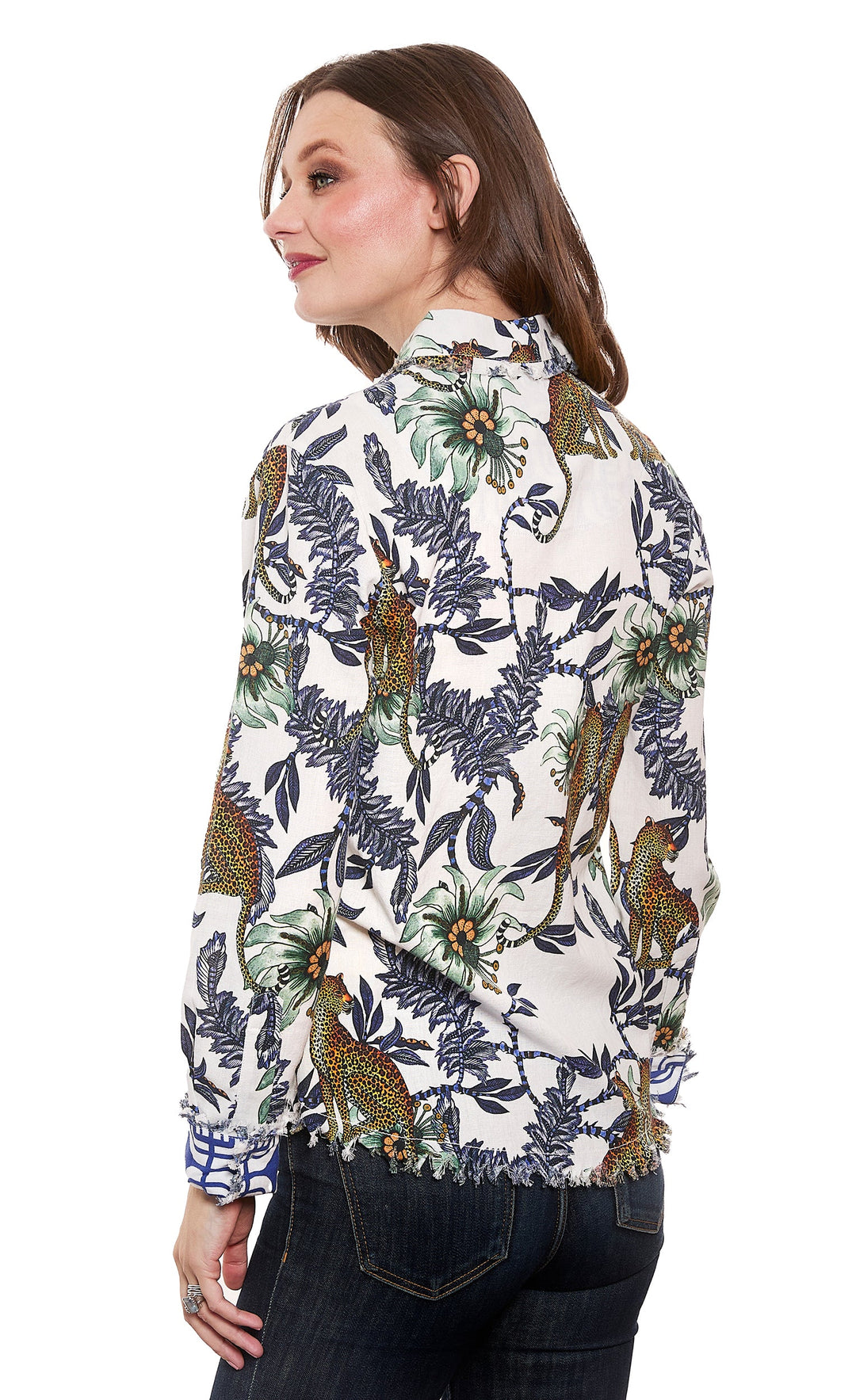 Dizzy-Lizzie Cape Cod Shirt in Cheetahs & Floral On Ivory Ground available at Barbara Katz