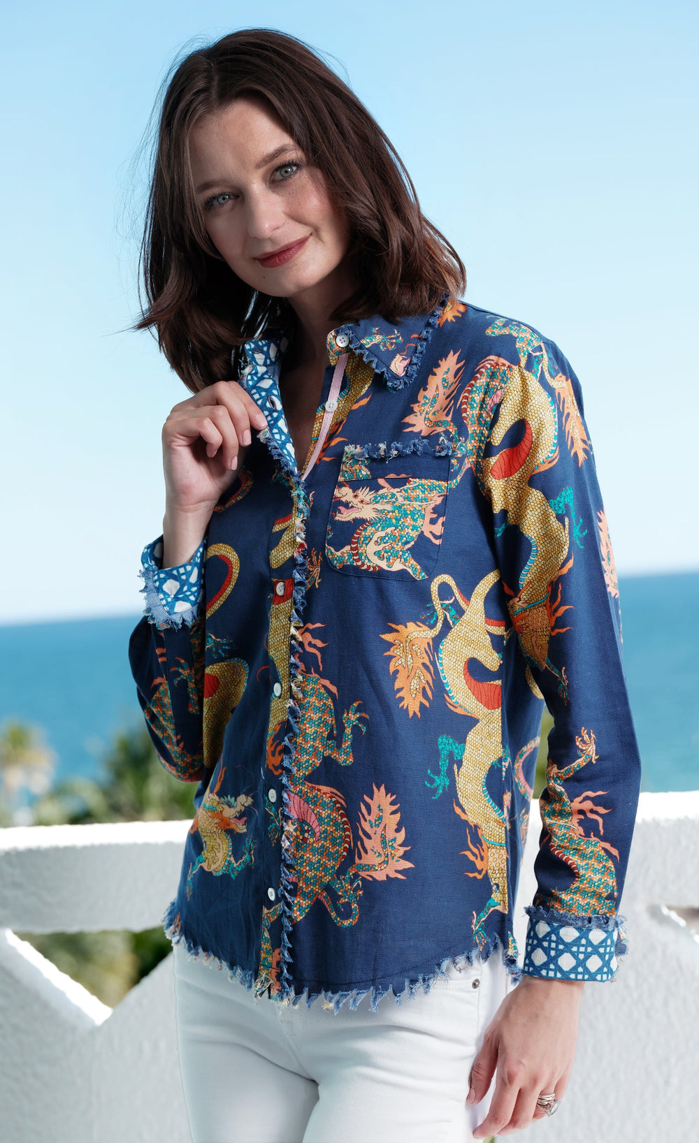 Dizzy-Lizzie Cape Cod Shirt in Navy Dragons available at Barbara Katz