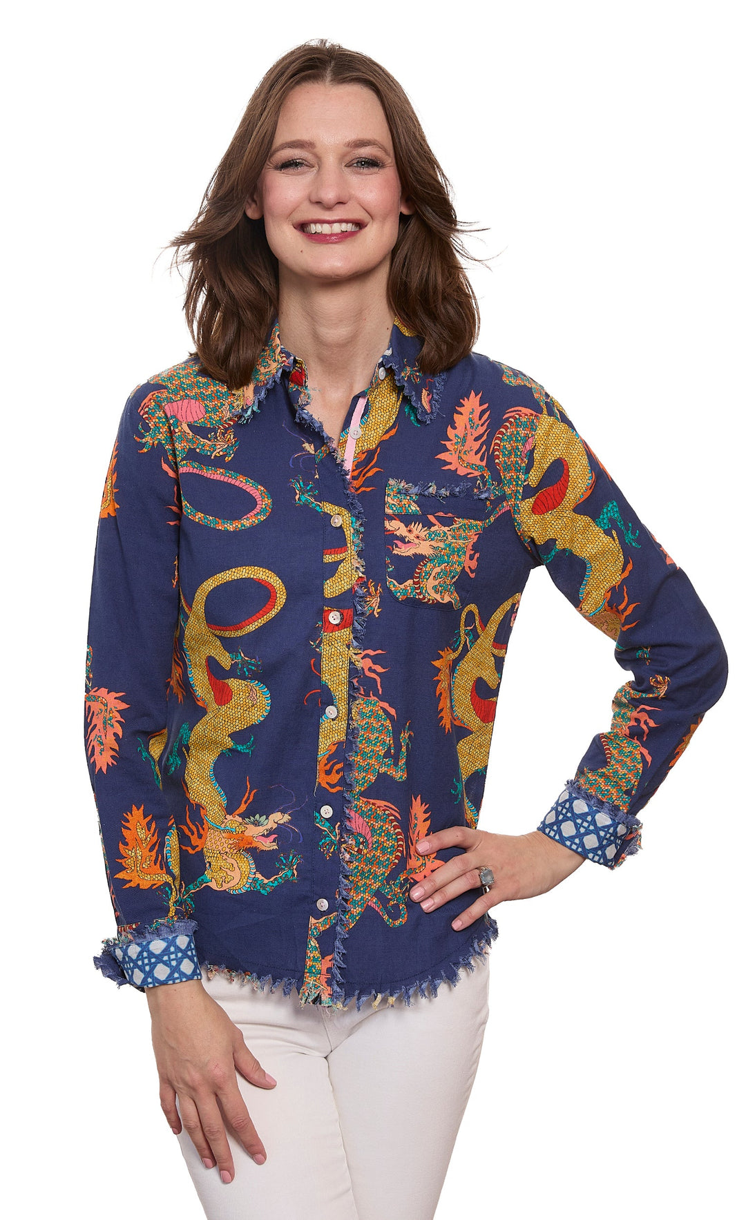 Dizzy-Lizzie Cape Cod Shirt in Navy Dragons available at Barbara Katz