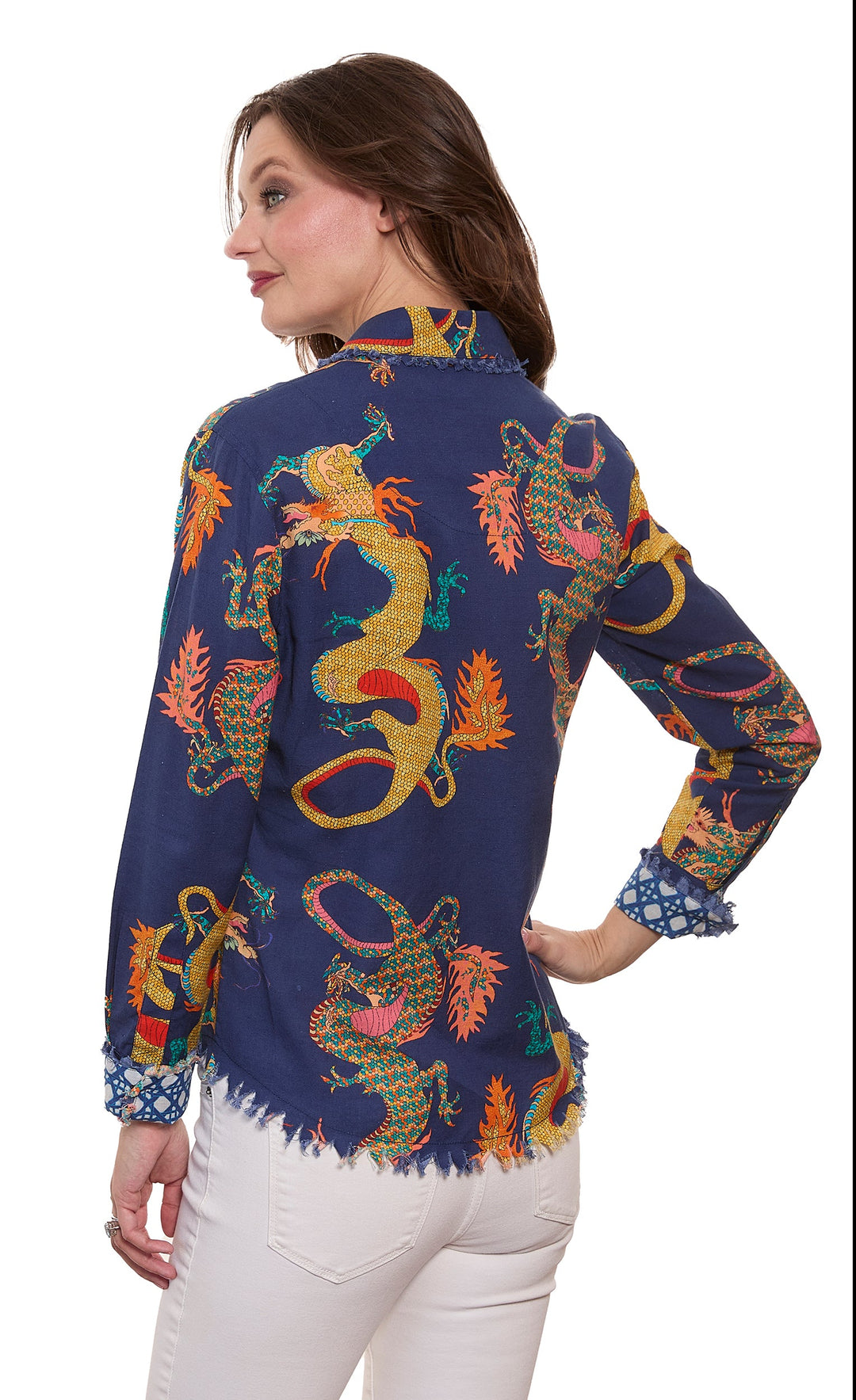 Dizzy-Lizzie Cape Cod Shirt in Navy Dragons available at Barbara Katz
