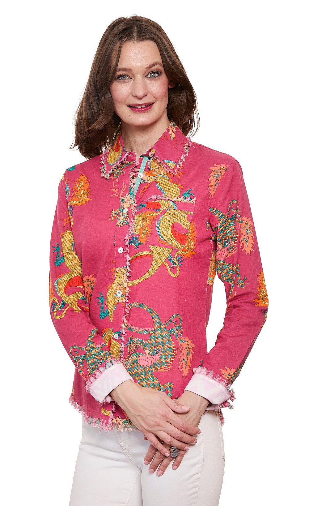 Dizzy-Lizzie Cape Cod Shirt in Light Pink Dragon Print available at Barbara Katz