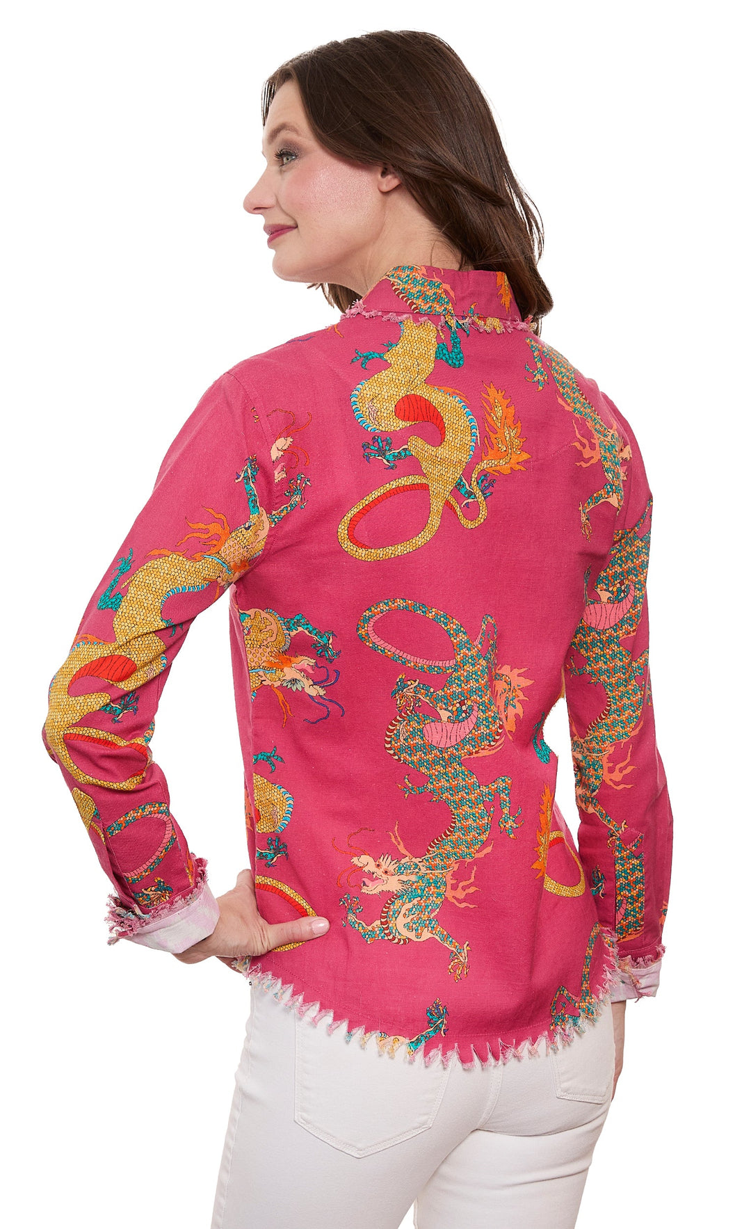 Dizzy-Lizzie Cape Cod Shirt in Light Pink Dragon Print available at Barbara Katz