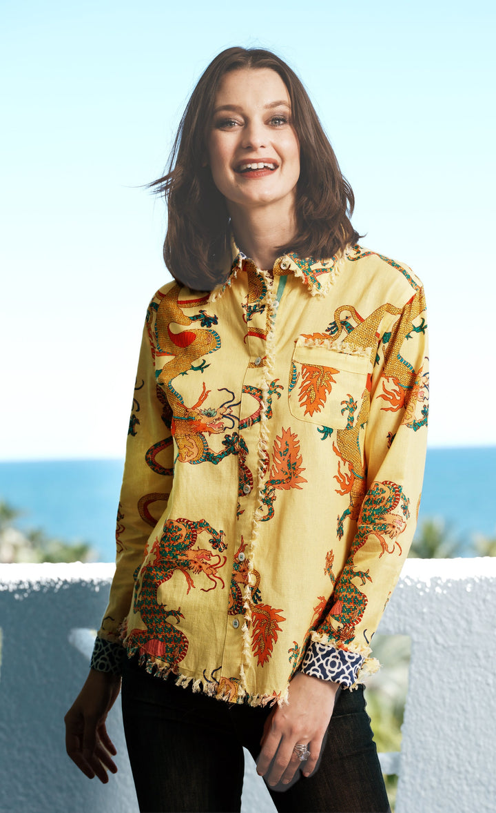 Dizzy-Lizzie Cape Cod Shirt in Butter Yellow Dragon Print available at Barbara Katz