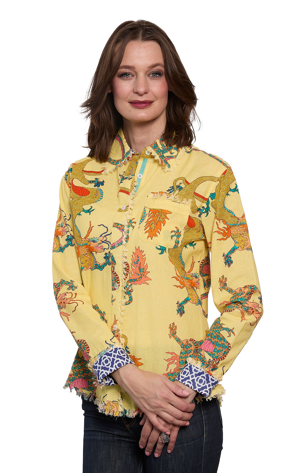 Dizzy-Lizzie Cape Cod Shirt in Butter Yellow Dragon Print available at Barbara Katz