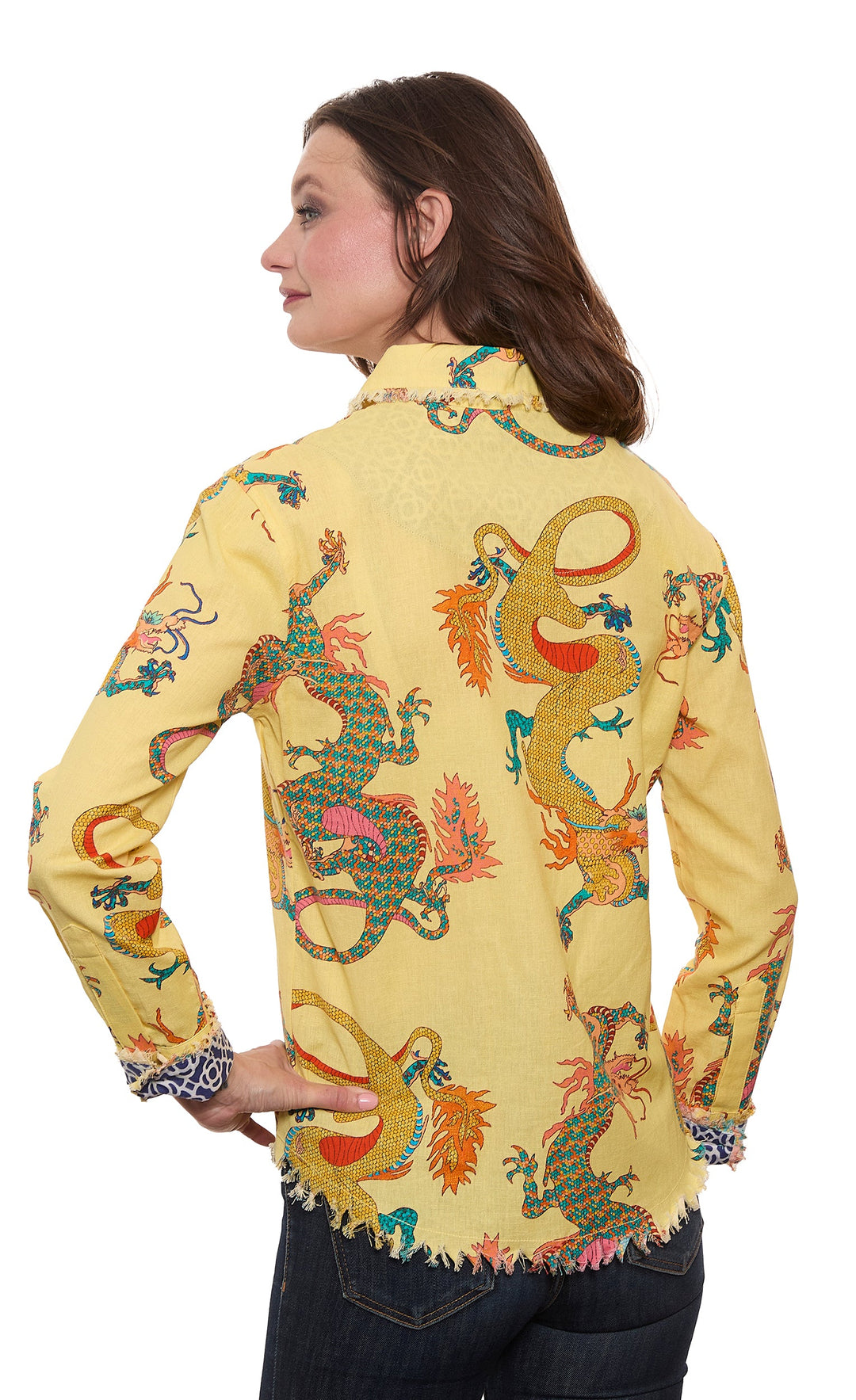 Dizzy-Lizzie Cape Cod Shirt in Butter Yellow Dragon Print available at Barbara Katz